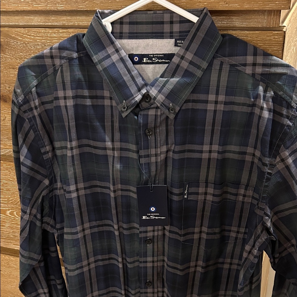 NWT Ben Sherman Navy/Green/Gray Plaid Button-Down Shirt - size large